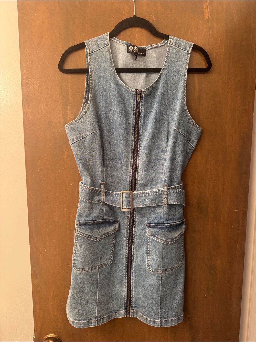 Rewash Light Blue Zip-Front Belted Denim Mini Dress